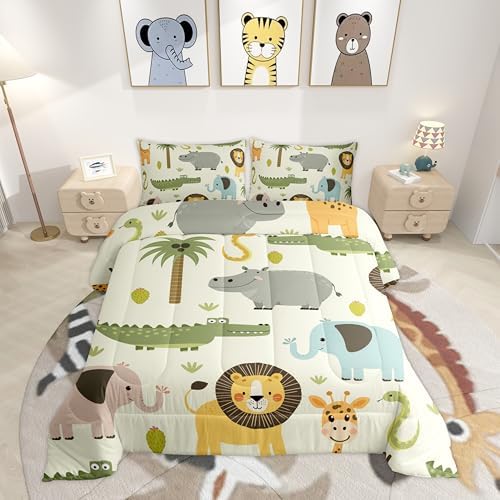 Feelyou Nursery Cute Wild Animals Bedding Set for Girls Boys Child Kids Cartoon Lion Giraffe Crocodile Comforter Decor Nature Wildlife Comforter Set Zoo Animal Theme Duvet Set Full Size Quilt Set