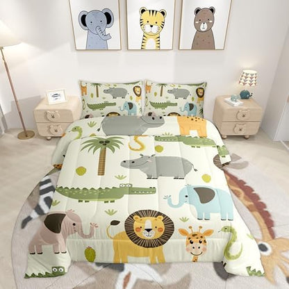 Feelyou Nursery Cute Wild Animals Bedding Set for Girls Boys Child Kids Cartoon Lion Giraffe Crocodile Comforter Decor Nature Wildlife Comforter Set Zoo Animal Theme Duvet Set Twin Size Quilt Set