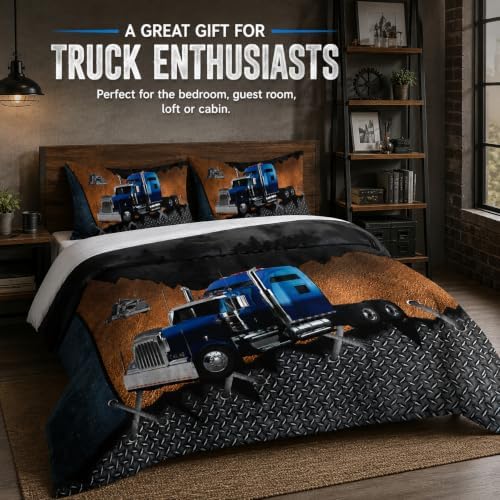 AILONEN Trucks Pattern Comforter Set Queen Size, Blue Truck and Forest Patterns Bedding Set for Kids Boys Girls Teens Bedroom,3 Pieces,1 Quilt and 2 Pillowcases,Soft,Breathable