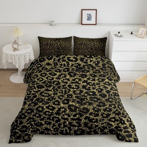 Black Leopard Kids Comforter Set Twin Size,Wild Animal Cheetah Skin Abstract Bedding Set,Girls Boys Room Decor,Wildlife Golden Glitter Modern Quilt Comforter,Fashion Duvet Insert,1 Pillowcase