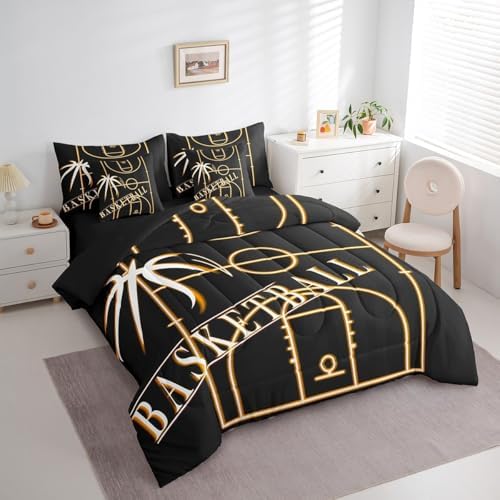 Sport King Comforter Set 7 Pieces for Boys Basketball Toddler Bedding Comforter Sets, Sports Theme Bed in a Bag Orange Black Bedding Set, Glowing Gradient Bed Sheets Set Soft (Black Reversible)