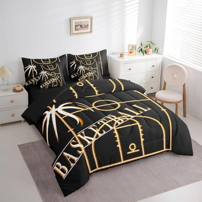 Sport King Comforter Set 7 Pieces for Boys Basketball Toddler Bedding Comforter Sets, Sports Theme Bed in a Bag Orange Black Bedding Set, Glowing Gradient Bed Sheets Set Soft (Black Reversible)