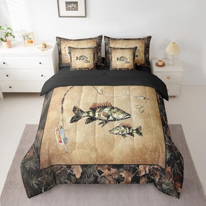 Erosebridal Rustic Bass Fish Twin Comforter Set with Sheets 7 Piece Country Camo Fishing Bedding Set Woodland Camouflage Lake Fish Bed in A Bag for Kids Boys Teen Men Retro Farmhouse Cabin Bed Set