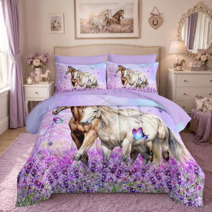 HOSIMA 7Pcs Horse Queen Comforter Set Animal Bedding Room Decor for Teens.