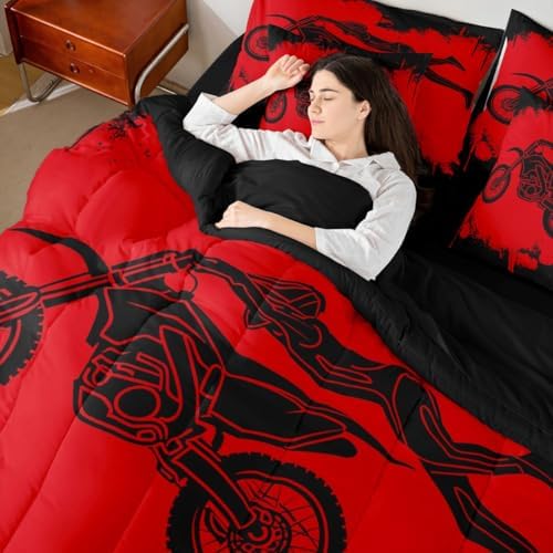 Erosebridal Dirt Bike Queen Comforter Set 7 Pieces, Motocross Rider Bed in A Bag for Bedroom, Motorcycle Game Bedding Set with Comforters, Sheets, Pillowcases Motorbike Extreme Sport Bedroom Decor