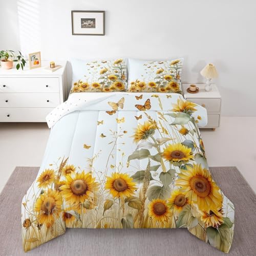 jejeloiu Sunflower Comforter Set Queen Size Kids Butterfly Rustic Floral Bedding Set Boys Girls Teens Yellow Flowers Duvet Breathable Botanical Spring Quilt Bedroom Decor,1 Comforter with 2 Pillowcase