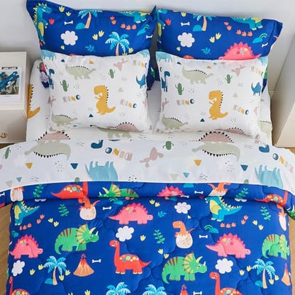 Wajade 7 Piece Kid Boys Dinosaur Comforter Set Queen Size 3D Blue Dinosaur Wild Park Jungle Print Bedding Set with Comforter, Sheet Set, Pillowcase and Sham
