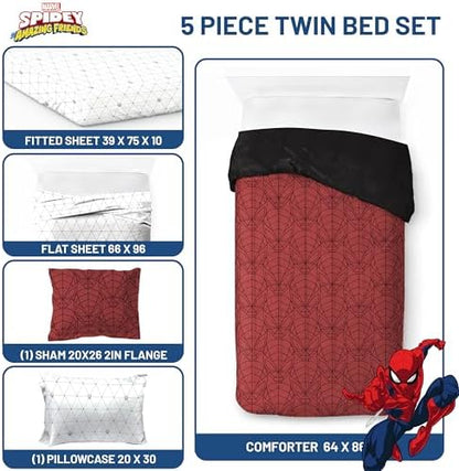 Marvel Spiderman Twin Comforter Set 5 Piece Bedding for Boys, Red