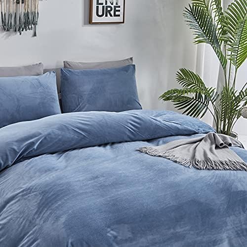 Wellboo Blue Velvet Bedding Comforter Sets Queen Size Adults Men Solid Lake Blue Fluffy Comforters Cotton Women Plain Haze Blue Flannel Quilts Warm Winter Micromink Sherpa Blankets Aesthetic Dorm Bed