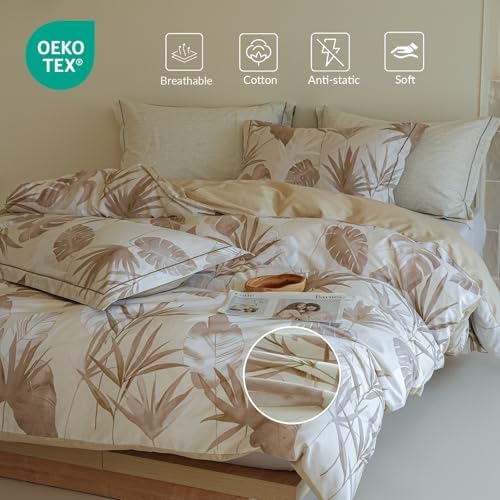 Queen Size Comforter - 100% Cotton Beige Botanical Floral Print Reversible Comforter Set, Hypoallergenic and Breathable Bedding Set for All Season, 3 Pieces, 90"x90"