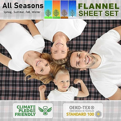 RUVANTI Flannel Sheets Set Queen Size,Peach & Black Plaid