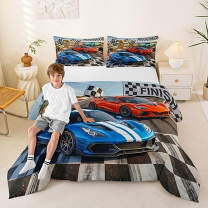 Feelyou Boys Race Car Bedding Set Soft for Boys Girls, Speed Sports Car Comforter Set Queen Size Racing Extreme Sports Duvet Quilt Microfiber Automobile Bedroom Decor 3 Pcs with 2 Pillow Cases