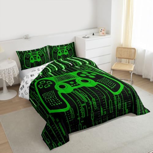 Feelyou Green Gaming Bedding Set Toddler Size, Gamer Comforter Kids Gamer Comforter Set for Kids Modern Game Duvet Set Game Room 2Pcs