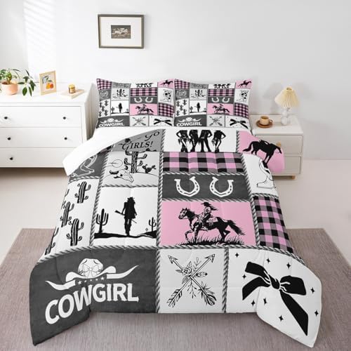 Western Cowgirl Kids Comforter Set Twin Size,Cactus Horseshoe Cowgirl Boot Rustic Bedding Set,Girls Women Room Decor,Bow Cow Skull Patchwork Down Comforter,Pink Fashion Duvet Insert,1 Pillowcase
