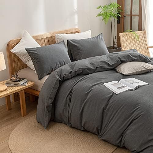 BESTOUCH Cotton Solid Duvet Cover Set Linen Feel Dark Grey Super King