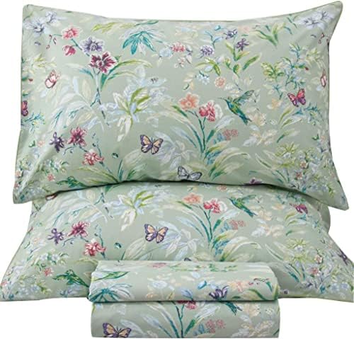 QSH 100% Egyptian Cotton Cal King Sheets, Green Flower Bird Butterfly Pattern Luxury Cotton Printed Flower California King Bedding Sheets, 4pcs Deep Pocket California King Floral Bed Sheet Set