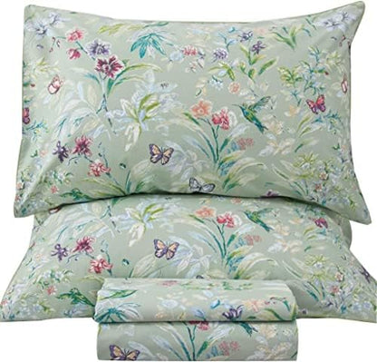 QSH 100% Egyptian Cotton Cal King Sheets, Green Flower Bird Butterfly Pattern Luxury Cotton Printed Flower California King Bedding Sheets, 4pcs Deep Pocket California King Floral Bed Sheet Set