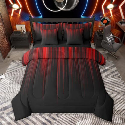 Feelyou Neon Red Black Queen Comforter Set with Sheets for Kids Boys Girls Geometric 7 Pieces Bedding Set Ombre Bed in a Bag Room Decor Soft Lightweight Microfiber