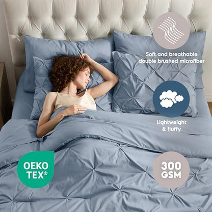 Nestl 9 Piece Full Comforter Set – Stone Blue Pinch Pleated Bed in a Bag – Complete Full Size Bedding Set with Sheets, Set of 2 Cooling Pillows, Pillowcases and Shams