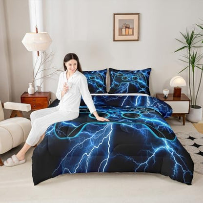 Erosebridal Gaming Queen Comforter Set Gamer Bedding Set, Video Game Consoles Down Comforter Blue Lightning Quilt,Gamer Room Decor for Boys