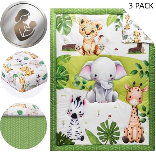 Baby Crib Bedding Set Safari Neutral Crib Nursery Comforter Bed Sets Decor with Fitted Crib Sheet, Comforter and Bed Skirt for Unisex Boys Girls (Safari)