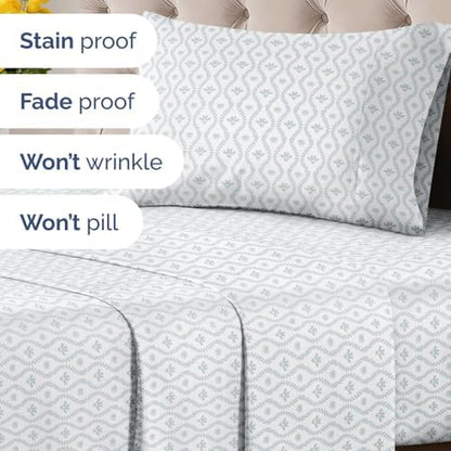 Twin 3 Piece Floral Sheet Set - Soft, Breathable & Cooling - Grey Damask