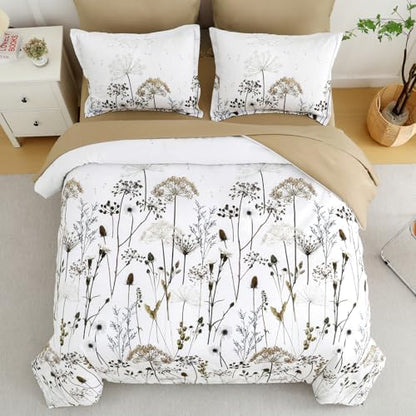 Yiran Khaki Floral Comforter Set King Size, 7 Piece Dandelion Botanical Plant Comforter Bedding Set, Bed in a Bag King, Soft Microfiber Complete Bedding Set with Sheets for All Season