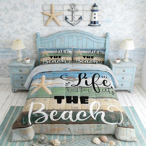 Beach Life Comforter Set Queen Size Blue Green Rustic Farmhouse Bedding Set for Kids Girls Women Bedroom Decor Starfish Cabin Wood Stripes Print Quilted Duvet Beach Camper Duvet Insert 3pcs