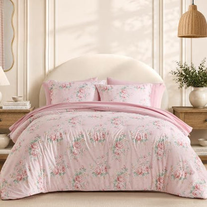 BLOOMHAVEN Twin XL Comforter Set-5 Pieces Pink Floral Bed in a Bag