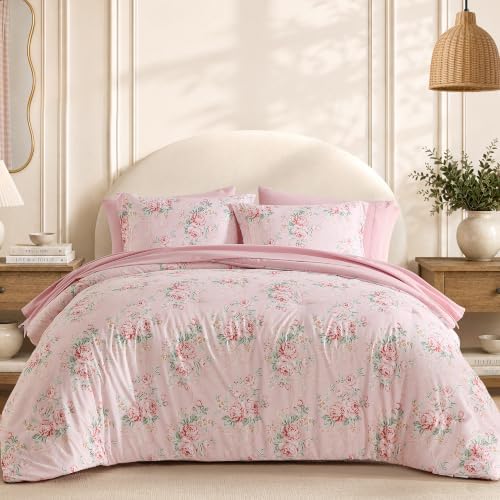 BLOOMHAVEN King Size Comforter Set-7 Pieces Pink Floral Bed in a Bag King