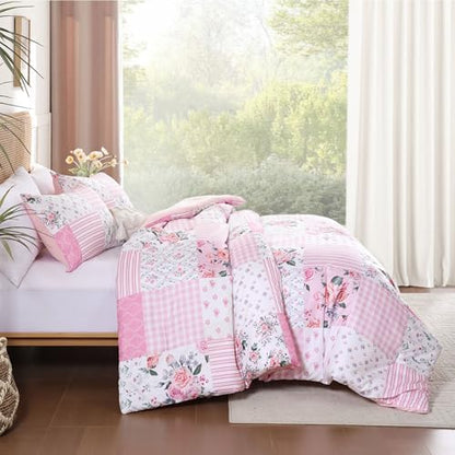YIKUSH Pink Floral Full Comforter Set, Soft Lightweight All Season Bedding Set for Women Girls, Cozy Cottagecore Botanical Comforter Full Size with 2 Pillow Shams, Breathable Floral Bed Set