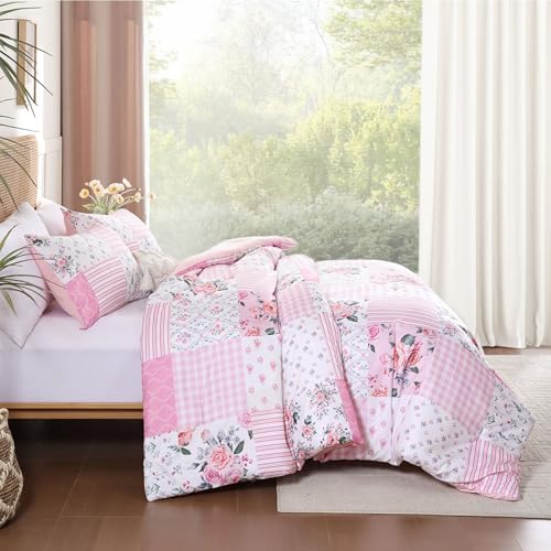 YIKUSH Pink Floral Twin Comforter Set, Soft Lightweight All Season Bedding Set for Women Girls, Cozy Cottagecore Botanical Comforter Twin Size with 1 Pillow Shams, Breathable Floral Bed Set