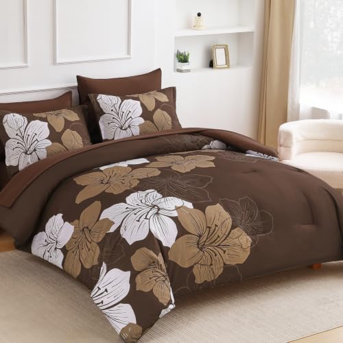 Luxudecor Brown King Size Comforter Set, 7 Pieces Floral Bed in a Bag