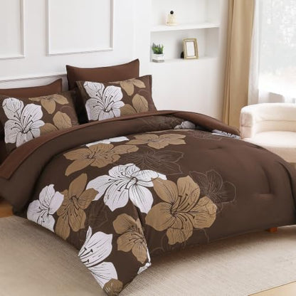 Luxudecor Brown King Size Comforter Set, 7 Pieces Floral Bed in a Bag