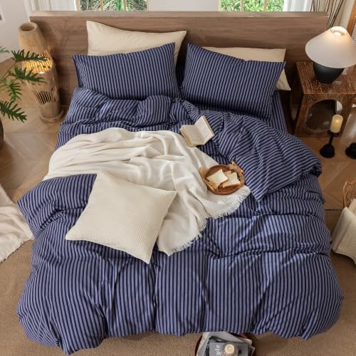 MooMee Striped Duvet Cover Set 100% Washed Cotton Linen Like King