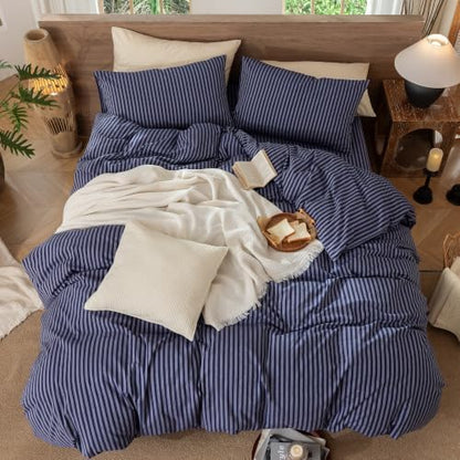 MooMee Striped Duvet Cover Set 100% Washed Cotton Linen Like King
