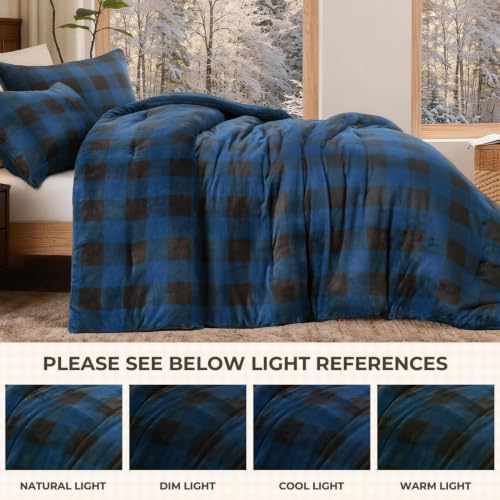 Litanika Velvet Flannel Plaid Comforter Set Twin, 3 Pcs Blue Blanket