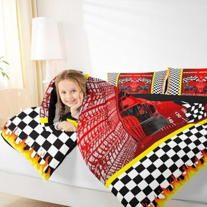 Race Car Comforter Sets for Boys Girls Black and White Checkered Bedding Red Racing Car Bedding Comforter Sets for Teens Adult Extreme Sport Theme Duvet Insert Speed Sports Car Bedroom Decor Twin