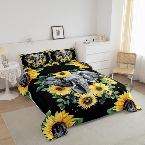 Elephant Comforter Set, Yellow Sunflower Down Comforter Queen Size for Kids Girls Teens Adult Bedroom Decor, African Safari Animal Duvet Sets Floral Petal Country Bedding Set with 2 Pillow Cases