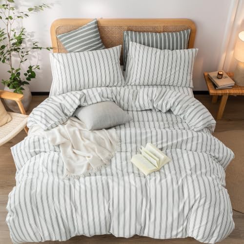 BESTOUCH Striped Cotton Duvet Cover Set Linen Feel California King