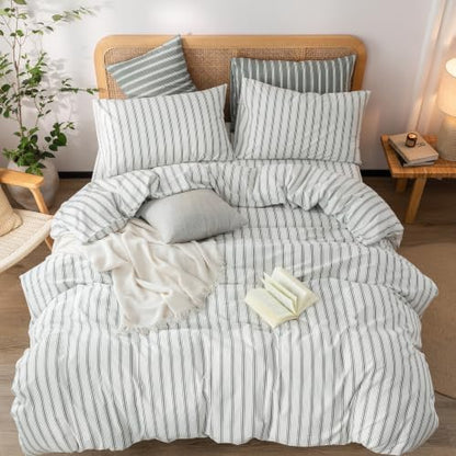 BESTOUCH Striped Cotton Duvet Cover Set Linen Feel California King