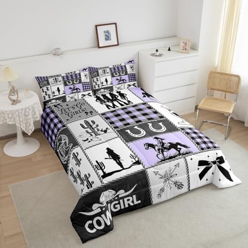 Western Cowgirl Bow Comforter Set King Size,Cactus Horseshoes Cowgirl Boot Bedding Set,Girls Women Room Decor,Cow Skull Geometric Plaids Patchwork Down Comforter,Rustic Duvet Insert,2 Pillowcases