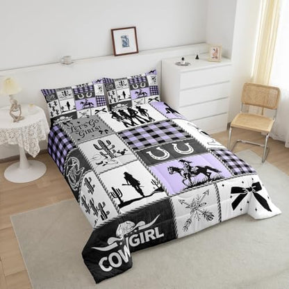 Western Cowgirl Bow Comforter Set King Size,Cactus Horseshoes Cowgirl Boot Bedding Set,Girls Women Room Decor,Cow Skull Geometric Plaids Patchwork Down Comforter,Rustic Duvet Insert,2 Pillowcases