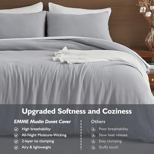EMME Muslin Cotton Duvet Cover Set Linen Like Light Grey Twin