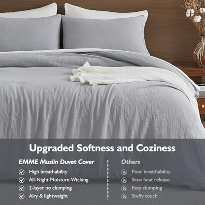 EMME Muslin Cotton Duvet Cover Set Linen Like Light Grey Twin