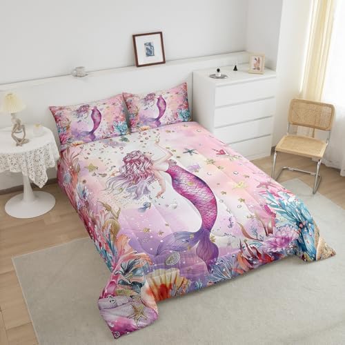 Homewish Pink Mermaid Bedding Set King Size,Coral Shell Starfish Comforter Set 3Pcs for Kids Girls Boys Teens Room Decor,Underwater World Quilt Set Pink Purple Dreamy Duvet Insert,2 Pillowcases