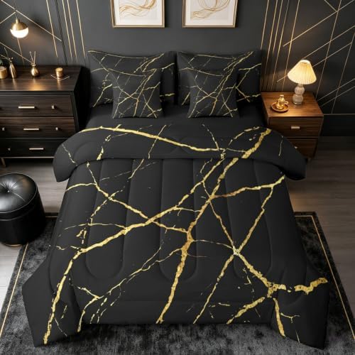 Erosebridal Black Gold Marble King Bed in A Bag 7 Piece Marbling Crack Print Comforter Set with Sheets Abstract Metallic Texture Bedding Sets for Kids Adults,Modern Marble Aesthetic Bed Set