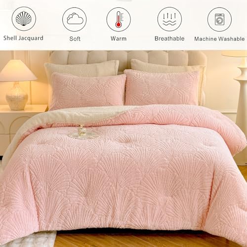 tohrisa Seashell Jacquard Sherpa Comforter Set Warm Cozy Premium Bedding 2 Pieces, Twin Size Geometric Pattern Quilt Comforter with 1 Pillowcases(68"X90" Light Pink)
