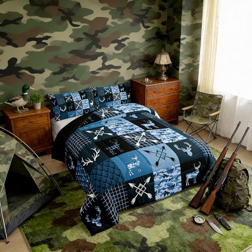 Feelyou Camo Deer Antlers Bedding Set Soft for Boys Girls, Animal Arrow Silhouette Comforter Set Queen Size Rustic Cabin Duvet Quilt Microfiber Lattice Bedroom Decor 3 Pcs with 2 Pillow Cases