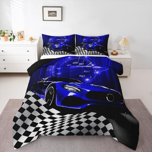 Erosebridal Blue Race Car Comforter Set for Youth Boys,Glitter Ombre Line Art Bedding Set Neon Light Sports Car Dashboard Quilt Twin,Black and White Grid Lattice Buffalo Plaid Decor